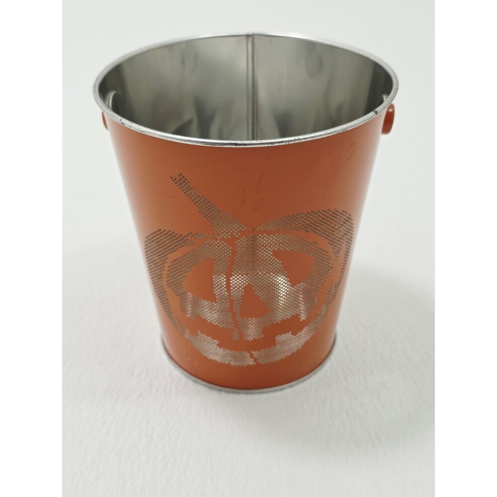 Vintage Halloween Orange Metal Tin Pumpkin Jack-O'-Lantern Pail Bucket Decor